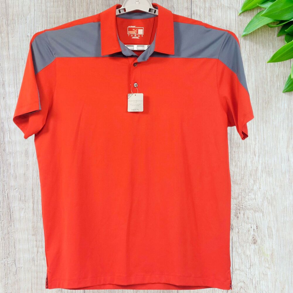 Puma Shirt Men's Sz L Golf Polo dryCELL Performance Fit Red Gray Colorblock